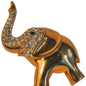 ELEPHANT PIN, PAVE CRYSTALS AND GREEN CRYSTAL EYE, 14KT GOLD PLATE.